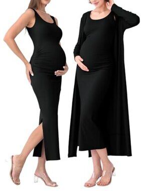 Ribbed Bodycon Maternity Dress & Long Cardigan Set Baby Shower
